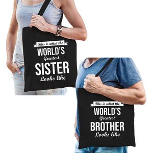 Worlds greatest Brother en Sister tasje zwart - Cadeau boodschappentasjes set voor Broer en Zus - Cadeau Broer en Zus