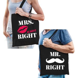 Bruiloft cadeau Mr Right en Mrs always Right tasje voor volwassenen - Feest Boodschappentassen