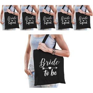 Vrijgezellenfeest dames tasjes/ goodiebag pakket - 1x Bride to Be zwart + 5x Bride Squad zwart - Vrijgezellen vrouw
