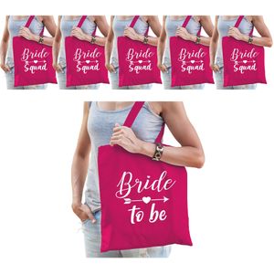 Vrijgezellenfeest dames tasjes/ goodiebag pakket: 1x Bride to Be roze+ 5x Bride Squad roze - Feest Boodschappentassen