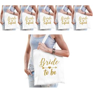 Vrijgezellenfeest Dames Tasjes/ Goodiebag Pakket - 1x Bride To Be Wit + 5x Bride Squad Wit