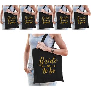 Vrijgezellenfeest dames tasjes/ goodiebag pakket - 1x Bride to Be zwart goud + 7x Bride Squad zwart goud - Vrijgezellen vrouw