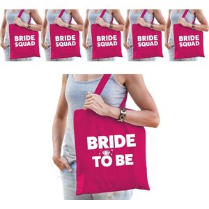 Pakket Vrijgezellenfeest vrouw tasjes/ goodiebag - 1x Bride to Be roze + 5x Bride Squad roze - Vrijgezellen dames