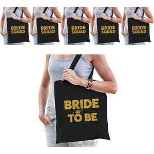 Pakket Vrijgezellenfeest dames tasjes/ goodiebag: 1x Bride to Be zwart goud+ 5x Bride Squad zwart go - Feest Boodschappentassen