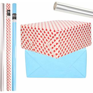6x Rollen kraft inpakpapier transparante folie/hartjes pakket - blauw/harten design 200 x 70 cm
