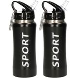 2x stuks sport Bidon drinkfles/waterfles Sport print zwart aluminium 420 Ml van aluminium met karabijnhaak