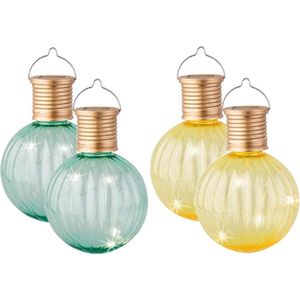 Set van 10x stuks buiten led gele en turquoise lampion solar verlichting 11 cm