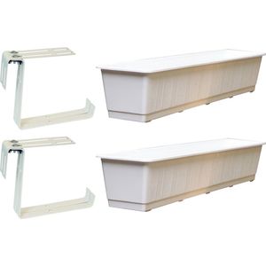Set van 4 kunststof plantenbakken wit rechthoekig 80 cm met 8 verstelbare railing beugels