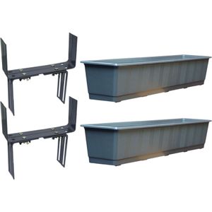 Set van 4 kunststof plantenbak grijs rechthoekig 80 cm met 8 verstelbare balkon/muurbeugels - Plantenbakken