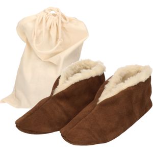 Bruine Spaanse sloffen/pantoffels van echt leer/suede voor dames/herenmet handige opbergzak