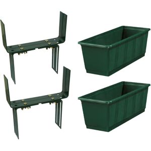 Set van 5 kunststof plantenbakken donkergroen rechthoekig 40 cm met 10 verstelbare balkon/muurbeugels