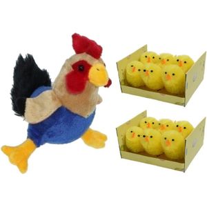 Pluche Kippen/Hanen Knuffel van 20 cm met 12x Stuks Mini Kuikentjes 4 cm - Paas/Pasen Decoratie