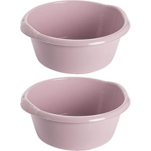 2x stuks kunststof plastic afwas teiltje/afwasbak rond 10 liter zacht roze - Diameter 38 cm x Hoogte 16 cm - Schoonmaak/huishouden