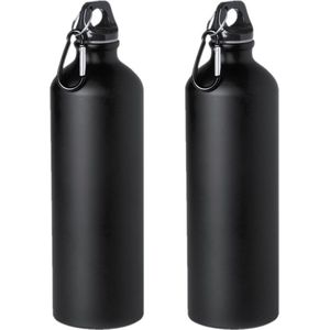 2x Stuks aluminium waterfles/drinkfles zwart met schroefdop en karabijnhaak 800 ml - Sportfles - Bidon