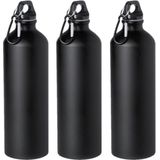 3x Stuks aluminium waterfles/drinkfles zwart met schroefdop en karabijnhaak 800 ml - Sportfles - Bidon