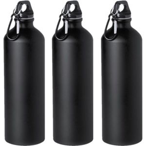 3x Stuks aluminium waterfles/drinkfles zwart met schroefdop en karabijnhaak 800 ml - Sportfles - Bidon