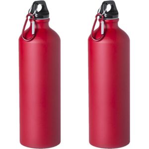 2x Stuks aluminium waterfles/drinkfles rood met schroefdop en karabijnhaak 800 ml - Sportfles - Bidon
