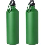 2x Stuks aluminium waterfles/drinkfles groen met schroefdop en karabijnhaak 800 ml - Sportfles - Bidon