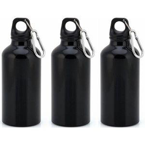3x Stuks aluminium waterfles/drinkfles zwart met schroefdop en karabijnhaak 400 ml - Drinkflessen