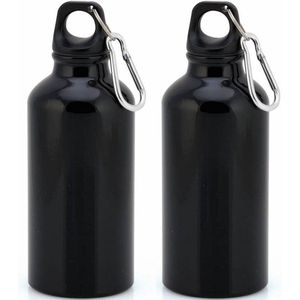 4x Stuks aluminium waterfles/drinkfles zwart met schroefdop en karabijnhaak 400 ml - Sportfles - Bidon