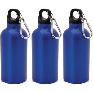 3x Stuks aluminium waterfles/drinkfles blauw met schroefdop en karabijnhaak 400 ml - Sportfles - Bidon