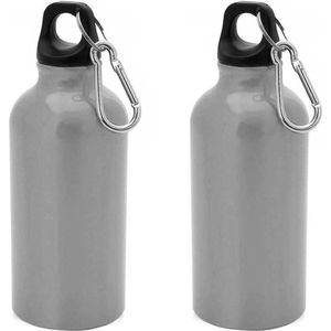 2x Stuks aluminium waterfles/drinkfles zilver met schroefdop en karabijnhaak 400 ml - Sportfles - Bidon