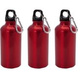 3x Stuks aluminium waterfles/drinkfles rood met schroefdop en karabijnhaak 400 ml - Sportfles - Bidon