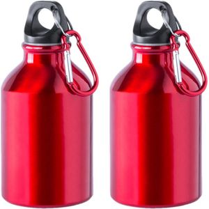 2x Stuks aluminium waterfles/drinkfles rood met schroefdop en karabijnhaak 330 ml - Sportfles - Bidon