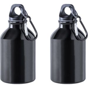 2x Stuks aluminium waterfles/drinkfles zwart met schroefdop en karabijnhaak 330 ml - Drinkflessen