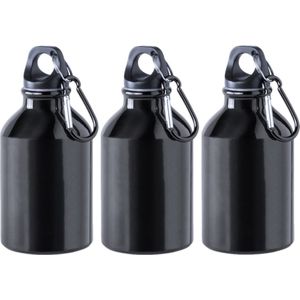 3x Stuks aluminium waterfles/drinkfles zwart met schroefdop en karabijnhaak 330 ml - Sportfles - Bidon
