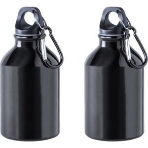 4x Stuks aluminium waterfles/drinkfles zwart met schroefdop en karabijnhaak 330 ml - Drinkflessen