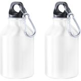 2x Stuks aluminium waterfles/drinkfles wit met schroefdop en karabijnhaak 330 ml - Sportfles - Bidon