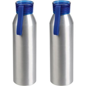 2x Stuks aluminium waterfles/drinkfles zilver met blauwe kunststof schroefdop 650 ml - Sportfles - Bidon
