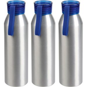 3x Stuks aluminium waterfles/drinkfles zilver met blauwe kunststof schroefdop 650 ml - Drinkflessen
