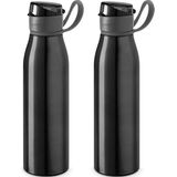 2x Stuks aluminium waterfles/drinkfles zwart met klepdop en handvat 650 ml - Sportfles - Bidon
