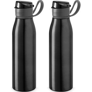 2x Stuks aluminium waterfles/drinkfles zwart met klepdop en handvat 650 ml - Drinkflessen