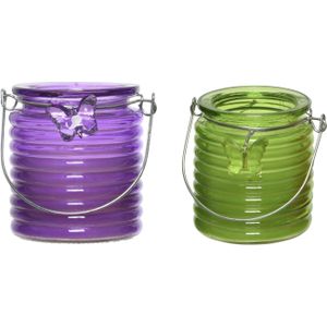 Citronella windlicht met kaars - paars en groen - 20 branduren - citrusgeur