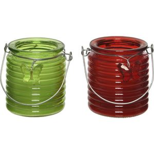 Citronella kaars - 2x - in windlicht - groen en rood - 20 branduren - citrusgeur