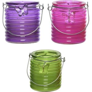 Citronella windlicht met kaars - 3x - paars/roze en groen - 20 branduren - citrusgeur