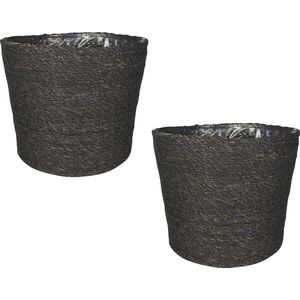 Set van 4x stuks plantenpot/bloempot van jute/zeegras diameter 30 cm en hoogte 26 cm grijs- Met binnenkant van plastic