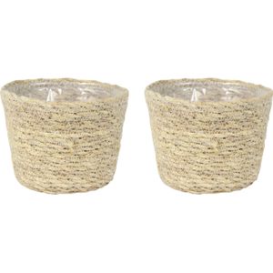 Set van 4x stuks plantenpot/bloempot van jute/zeegras diameter 13 cm en hoogte 10 cm creme beige