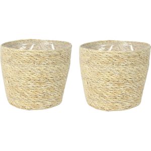 Set van 2x stuks plantenpot/bloempot van jute/zeegras diameter 18 cm en hoogte 16 cm creme beige - Met binnenkant van plastic