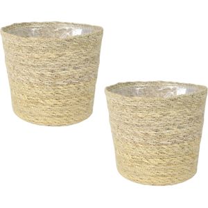 Set van 2x stuks plantenpot/bloempot van jute/zeegras diameter 26 cm en hoogte 23 cm creme beige - Met binnenkant van plastic
