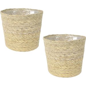 Set van 2x stuks plantenpot/bloempot van jute/zeegras diameter 30 cm en hoogte 26 cm creme beige - Met binnenkant van plastic