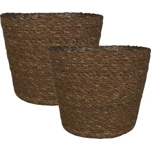 Set van 2x stuks plantenpot/bloempot van jute/zeegras diameter 22 cm en hoogte 19 cm camel bruin - Met binnenkant van plastic