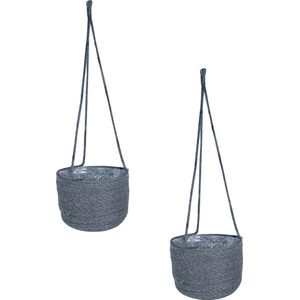 Set van 2x stuks hangende plantenpot/bloempot van jute/zeegras diameter 17 cm en hoogte 14 cm grijs - Met binnenkant van plastic