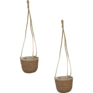 Set van 2x stuks hangende plantenpot/bloempot van jute/zeegras dia 17 cm en hoogte 14 cm camel bruin - Met binnenkant van plastic