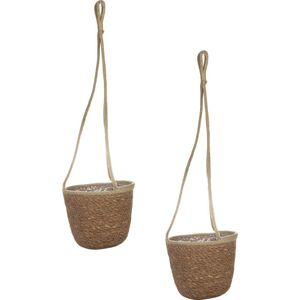 Set van 2x stuks hangende plantenpot/bloempot van jute/zeegras dia 19 cm en hoogte 17 cm camel bruin - Met binnenkant van plastic
