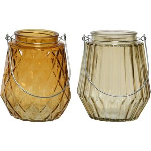 Set van 2x stuks theelichthouders/waxinelichthouders ruit/streep glas cognac/oranje en taupe met metalen handvat 11 x 13 cm