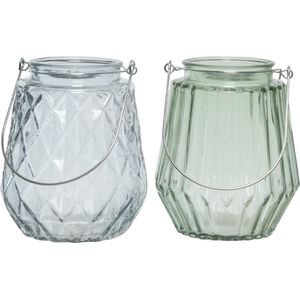 Set van 2x stuks theelichthouders/waxinelichthouders glas ijsblauw en mistgroen 11 x 13 cm